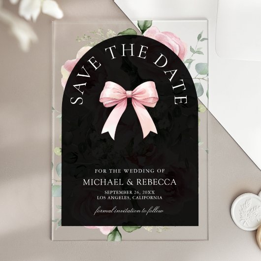 Pink Floral Bow Black Wedding Save the Date Acryleinladungen