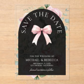 Pink Floral Bow Black Wedding Save the Date Acryleinladungen (Vorderseite)