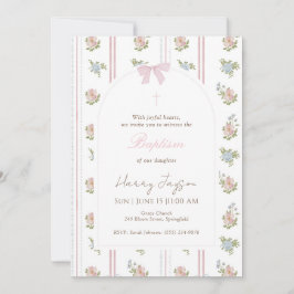 Pink Floral Bow Elegant Christian Girl Baptism Einladung