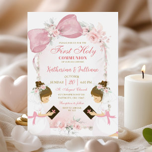 Pink Floral Bow Twins Girl First Heilige Kommune Einladung