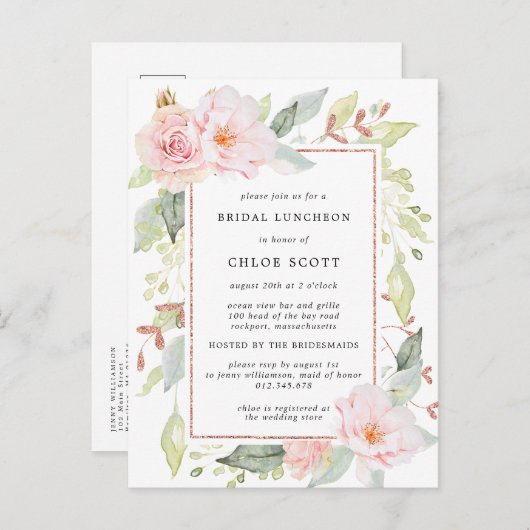 Pink Floral Bridal Luncheon Einladung Postkarte (Vorne/Hinten)