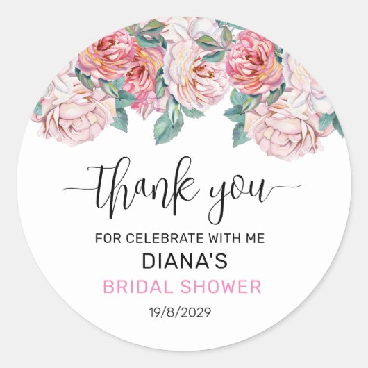 Pink Floral Bridal Shower Runder Aufkleber (Vorderseite)