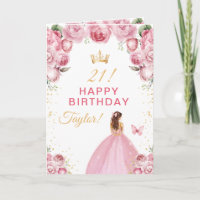 Pink Floral Brown Haar Girl Happy Birthday