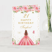 Pink Floral Brown Haar Girl Happy Birthday Karte (Vorderseite)