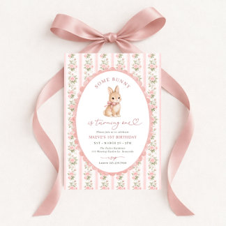 Pink Floral Bunny 1st Birthday Einladung