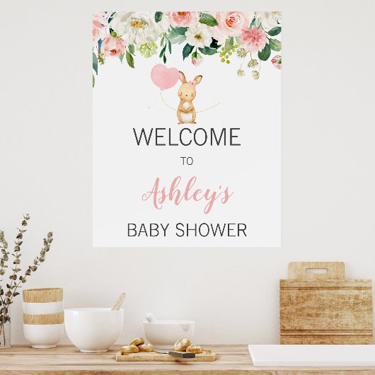 Pink Floral Bunny Baby Dusche Begrüßungszeichen Poster (Küche)