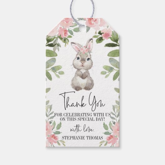 Pink Floral Bunny Baby Showmarke Geschenkanhänger (Vorderseite)
