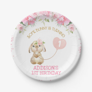 Pink Floral Bunny Ballon Geburtstagspapier Platte Pappteller