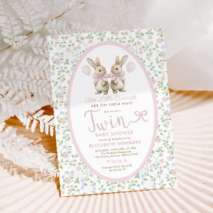 Pink Floral Bunny Ballon Twin Girl Babydusche Einladung