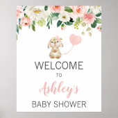 Pink Floral Bunny Balloon Baby Dusche Begrüßungsze Poster (Vorne)
