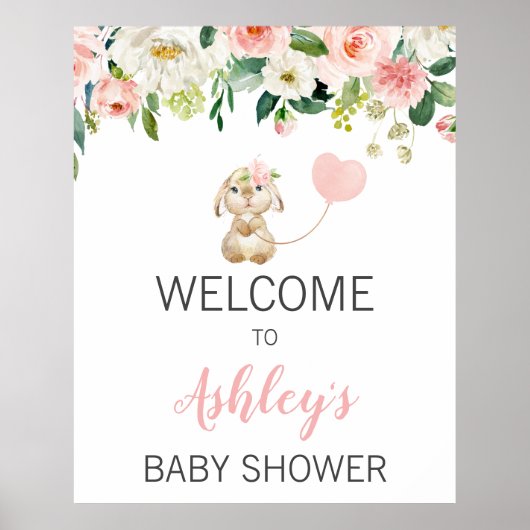 Pink Floral Bunny Balloon Baby Dusche Begrüßungsze Poster (Vorne)