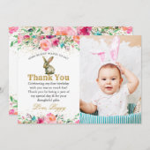 Pink Floral Bunny Birthday Foto Danke Karte (Vorne/Hinten)