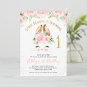 Pink Floral Bunny Face 1. Geburtstag Einladung (Stehend Vorderseite)