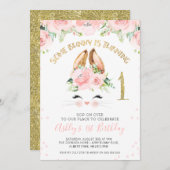 Pink Floral Bunny Face 1. Geburtstag Einladung (Vorne/Hinten)