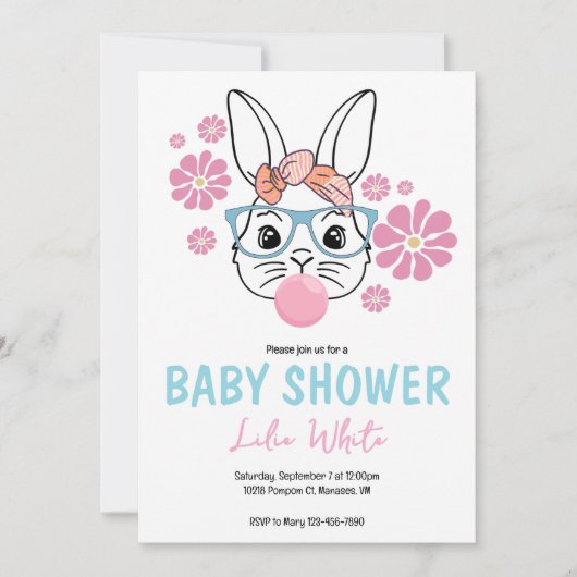 Pink Floral Bunny Girl Babydusche personalisiert Einladung (Vorderseite)
