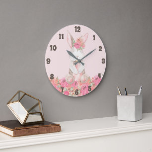 Pink Floral Bunny Kids Room Baby Kinderzimmer Große Wanduhr