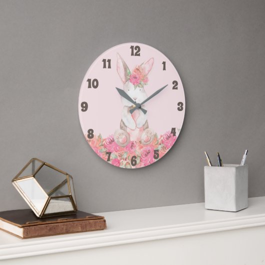 Pink Floral Bunny Kids Room Baby Kinderzimmer Große Wanduhr (Büro)