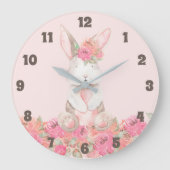 Pink Floral Bunny Kids Room Baby Kinderzimmer Große Wanduhr (Vorderseite)