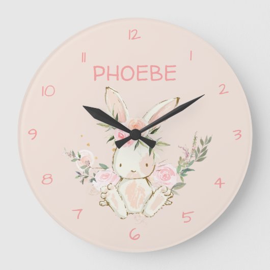 Pink Floral Bunny Nursery Wall Clock Große Wanduhr (Vorderseite)