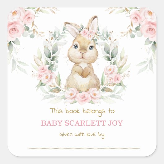 Pink Floral Bunny Rabbit Baby Dusche Buchzeichen Quadratischer Aufkleber (Vorderseite)