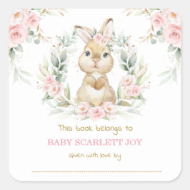 Pink Floral Bunny Rabbit Baby Dusche Buchzeichen Quadratischer Aufkleber