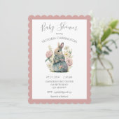 Pink Floral Bunny Rabbit Babydusche Einladung (Stehend Vorderseite)
