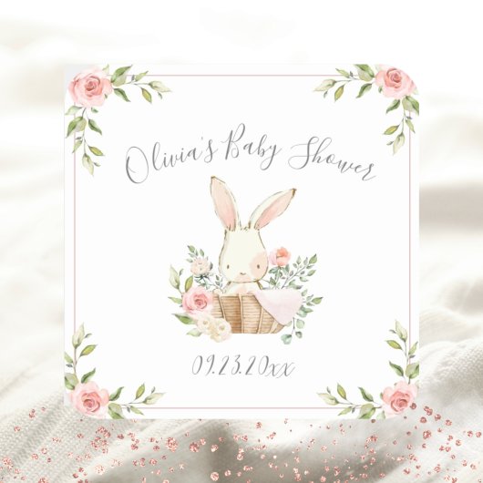 Pink Floral Bunny Rabbit Babydusche Quadratischer Aufkleber