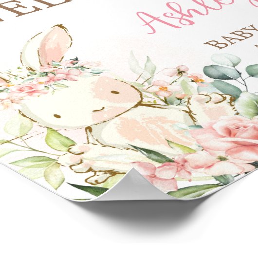 Pink Floral Bunny Rabbit Babydusche Willkommen Poster (Ecke)
