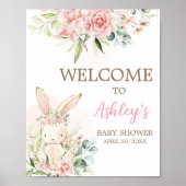 Pink Floral Bunny Rabbit Babydusche Willkommen Poster (Vorne)