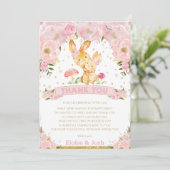 Pink Floral Bunny Rabbit Girl Babydusche Dankeskarte (Stehend Vorderseite)