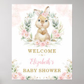 Pink Floral Bunny Rabbit Girl Babydusche Willkomme Poster (Vorne)