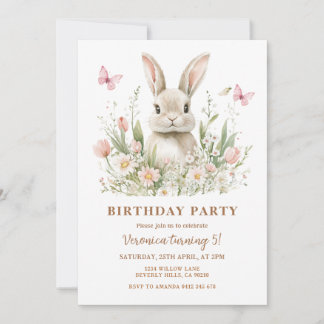 Pink Floral Bunny Rabbit Girl Birthday Party Einladung