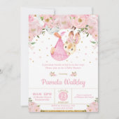 Pink Floral Bunny Stork Bundle Girl Baby Dusche Einladung (Vorderseite)