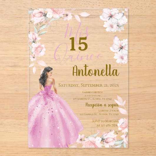Pink Floral Butterfells Quinceañera Acryleinladungen (Vorderseite)