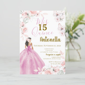 Pink Floral Butterfells Quinceañera Einladung