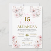 Pink Floral Butterfells Quinceañera Einladung (Vorderseite)