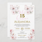 Pink Floral Butterfells Quinceañera Einladung (Vorne/Hinten)