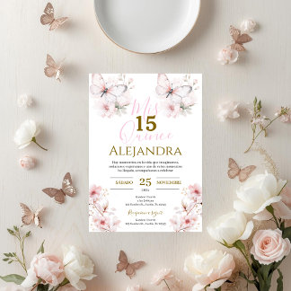 Pink Floral Butterfells Quinceañera Einladung