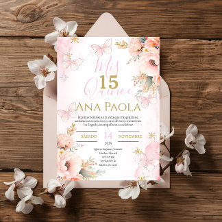 Pink Floral Butterfells Quinceañera Einladung