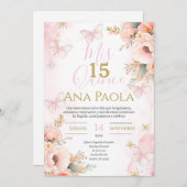 Pink Floral Butterfells Quinceañera Einladung (Vorne/Hinten)