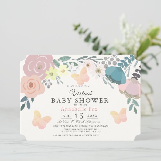 Pink Floral & Butterflies Girl Virtual Baby Dusche Einladung (Stehend Vorderseite)