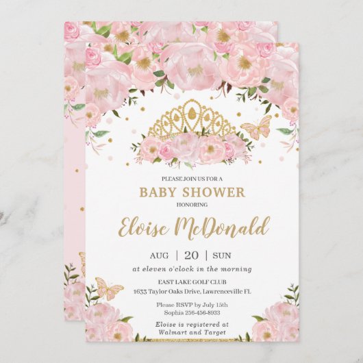 Pink Floral Butterflies Princess Tiara Baby Dusche Einladung (Vorne/Hinten)