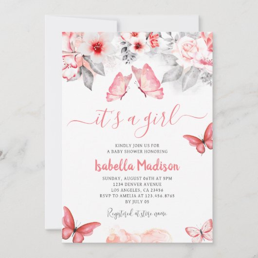 Pink Floral Butterfly Baby Girl Dusche Einladung (Vorderseite)