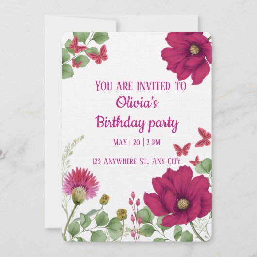 Pink Floral Butterfly Birthday Invitation Einladung (Vorderseite)
