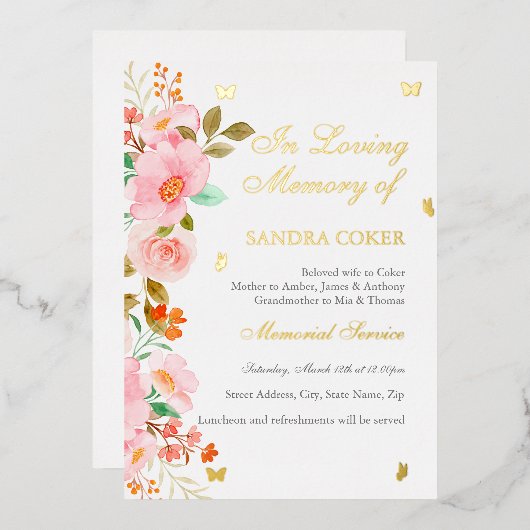 Pink Floral Butterfly-Gedenkdienst Folieneinladung (Vorderseite/Rückseite)