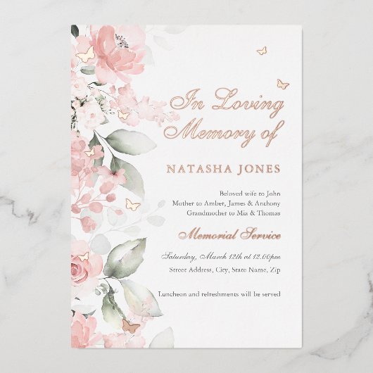 Pink Floral Butterfly-Gedenkdienst Folieneinladung (Vorderseite)