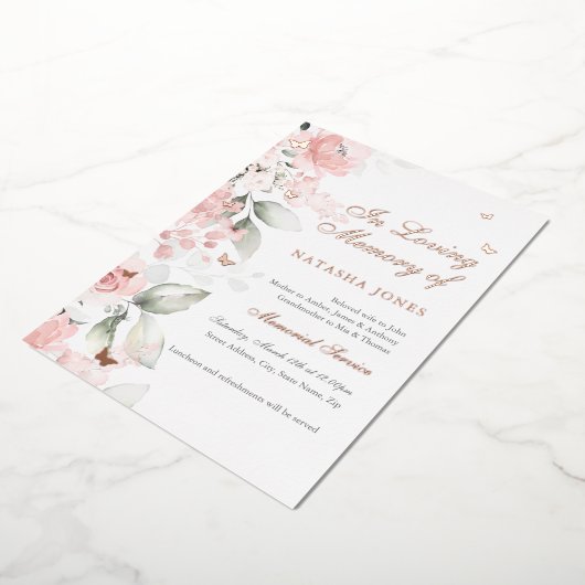 Pink Floral Butterfly-Gedenkdienst Folieneinladung (Gedreht)