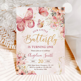 Pink Floral Butterfly Girl 1. Geburtstag Party Einladung