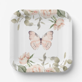Pink Floral Butterfly Girl Babydusche Pappteller