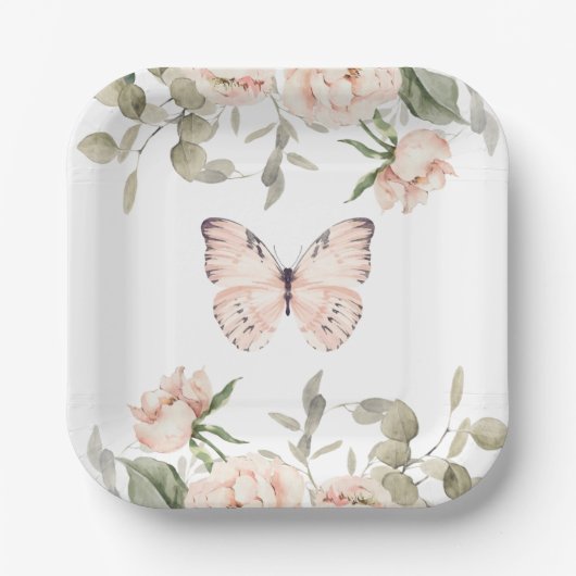 Pink Floral Butterfly Girl Babydusche Pappteller (Vorderseite)
